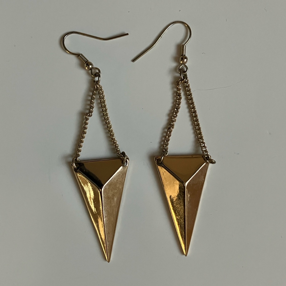 Earrings Metal Triangle chain Dangle Gold tone 3D geometric